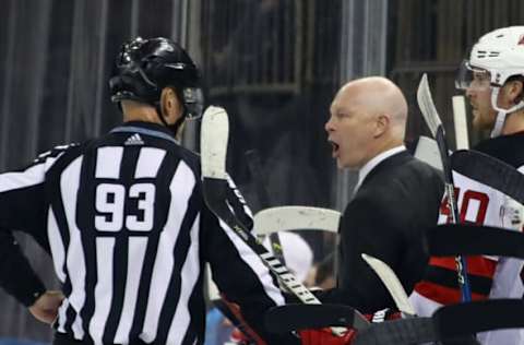 NEW YORK, NY – OCTOBER 14: Head coach John Hynes of the New York Rangers argues a second-period call during the game against the New York Rangers at Madison Square Garden on October 14, 2017, in New York City. (Photo by Bruce Bennett/Getty Images)