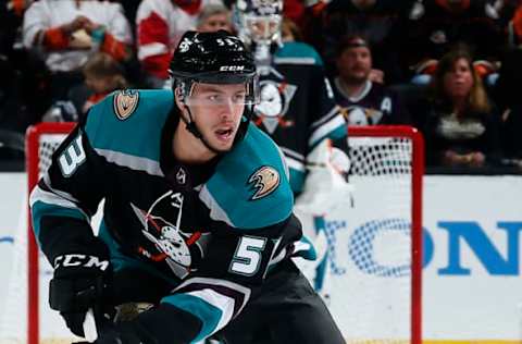 ANAHEIM, CA – OCTOBER 8: Max Comtois #53 of the Anaheim Ducks skates with the puck during the game against the Detroit Red Wings on October 8, 2018, at Honda Center in Anaheim, California. (Photo by Debora Robinson/NHLI via Getty Images)