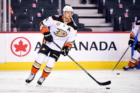 CALGARY, AB – MARCH 29: Anaheim Ducks Defenceman Cam Fowler (4) warms up before an NHL game where the Calgary Flames hosted the Anaheim Ducks on March 29, 2019, at the Scotiabank Saddledome in Calgary, AB. (Photo by Brett Holmes/Icon Sportswire via Getty Images)