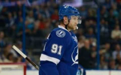 Dec 10, 2015; Tampa, FL, USA; Tampa Bay Lightning center Steven Stamkos (91) against the Ottawa Senators during the third period at Amalie Arena. Tampa Bay Lightning defeated the Ottawa Senators 4-1. Mandatory Credit: Kim Klement-USA TODAY Sports