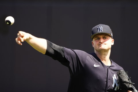 Mar 27, 2023; Tampa, Florida, USA; New York Yankees starting pitcher Clarke Schmidt warms up before the game against the Tampa Bay Rays at George M. Steinbrenner Field. Mandatory Credit: Dave Nelson-USA TODAY Sports