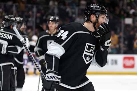 Mar 6, 2023; Los Angeles, California, USA; Los Angeles Kings defenseman Vladislav Gavrikov (84) skates back to the bench after scoring a goal during the second period against the Washington Capitals at Crypto.com Arena. Mandatory Credit: Kiyoshi Mio-USA TODAY Sports