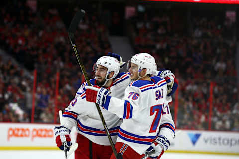 OTTAWA, ON – APRIL 29: New York Rangers Center Mika Zibanejad (93) New York Rangers Defenceman Ryan McDonagh (27) and New York Rangers Defenceman Brady Skjei (76) celebrate their third of the night during the second period of game 2 of the second round of the 2017 NHL Stanley Cup Playoffs between the New York Rangers and Ottawa Senators on April 29, 2017, at Canadian Tire Centre in Ottawa, On.(Photo by Jason Kopinski/Icon Sportswire via Getty Images)