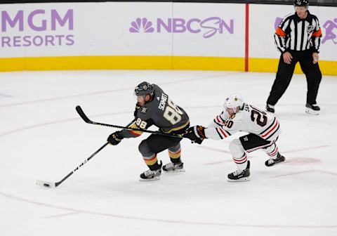 LAS VEGAS, NV – NOVEMBER 13: Vegas Golden Knights defenseman Nate Schmidt (88) skates away with the puck during a regular season game against the Chicago Blackhawks Wednesday, Nov. 13, 2019, at T-Mobile Arena in Las Vegas, Nevada. (Photo by: Marc Sanchez/Icon Sportswire via Getty Images)