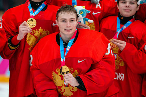 LAUSANNE, SWITZERLAND – JANUARY 22: #30 Goalkeeper Sergei Ivanov of Russian Federation celebrates the victory after Men’s 6-Team Tournament Gold Medal Game between Russia and United States of the Lausanne 2020 Winter Youth Olympics on January 22, 2021 in Lausanne, Switzerland. (Photo by RvS.Media/Robert Hradil/Getty Images)