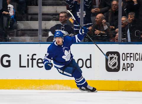 TORONTO, ON – FEBRUARY 27: Andreas Johnsson #18 of the Toronto Maple Leafs celebrates his goal against the Edmonton Oilers during the second period at the Scotiabank Arena on February 27, 2019 in Toronto, Ontario, Canada. (Photo by Mark Blinch/NHLI via Getty Images)