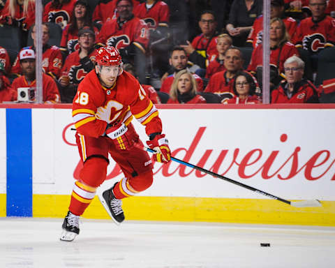 CALGARY, AB – APRIL 13: James Neal #18 of the Calgary Flames in action against the Colorado Avalanche in Game Two of the Western Conference First Round during the 2019 NHL Stanley Cup Playoffs at Scotiabank Saddledome on April 13, 2019 in Calgary, Alberta, Canada. (Photo by Derek Leung/Getty Images)