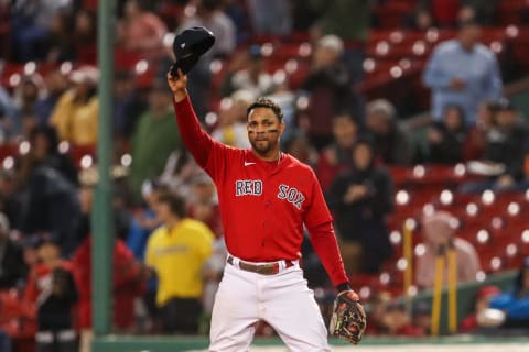 Oct 5, 2022; Boston, Massachusetts, USA; Boston Red Sox shortstop Xander Bogaerts (2) waves to the crowd while leaving the game during the seventh inning against the Tampa Bay Rays at Fenway Park. Mandatory Credit: Paul Rutherford-USA TODAY Sports