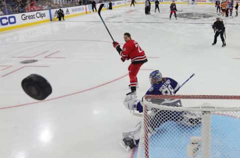 LAS VEGAS, NEVADA – FEBRUARY 04: Sebastian Aho #20 of the Carolina Hurricanes attempts to shoot the puck past Andrei Vasilevskiy #88 of the Tampa Bay Lightning in the Save Streak event during the 2022 NHL All-Star Skills at T-Mobile Arena on February 04, 2022, in Las Vegas, Nevada. (Photo by Ethan Miller/Getty Images)