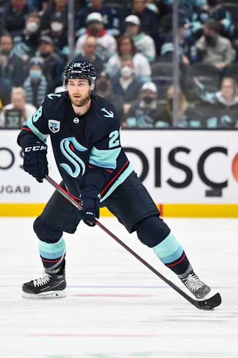 Mar 2, 2022; Seattle, Washington, USA; Seattle Kraken defenseman Carson Soucy (28) during the third period against the Nashville Predators at Climate Pledge Arena. Seattle defeated Nashville 4-3. Mandatory Credit: Steven Bisig-USA TODAY Sports