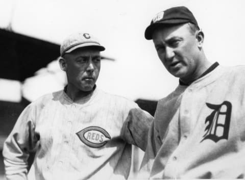 MINERAL WELLS, TEXAS – MARCH,1922. Ty Cobb of the Detroit Tigers poses with Edd Rousch of the Cincinnati Reds at the latter’s spring training site at Mineral Wells, Texas before an exhibition game. (Photo by Mark Rucker/Transcendental Graphics/Getty Images)