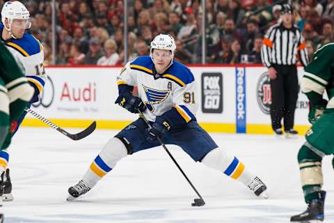 Apr 14, 2017; Saint Paul, MN, USA; St Louis Blues forward Vladimir Tarasenko (91) skates with the puck in the second period against the Minnesota Wild in game two of the first round of the 2017 Stanley Cup Playoffs at Xcel Energy Center. Mandatory Credit: Brad Rempel-USA TODAY Sports