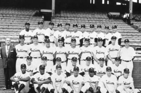 CLEVELAND – 1954. The American League Champion Cleveland Indians pose for their team photograph in 1954. Larry Doby and Early Wynn are in the back row, far left and second from left, and Bob Lemon second from right. Bob Feller is in the middle row, second from left, and manager Al Lopez is in the second row from the bottom, center. (Photo by Mark Rucker/Transcendental Graphics, Getty Images)