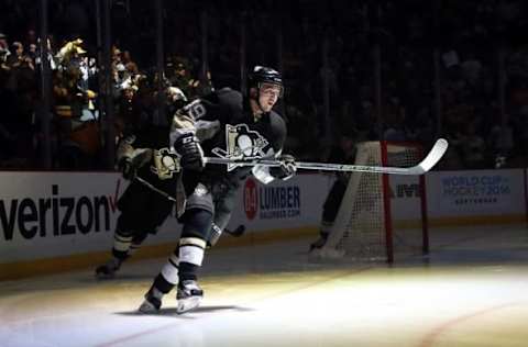 Mar 15, 2016; Pittsburgh, PA, USA; Pittsburgh Penguins center Dominik Simon (49) takes the ice to play the New York Islanders during the first period at the CONSOL Energy Center. The Penguins won 2-1 in a shootout. Mandatory Credit: Charles LeClaire-USA TODAY Sports