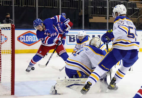 New York Rangers defenseman Adam Fox (23) scores a second period goal against the Buffalo Sabres Credit: Bruce Bennett/POOL PHOTOS-USA TODAY Sports