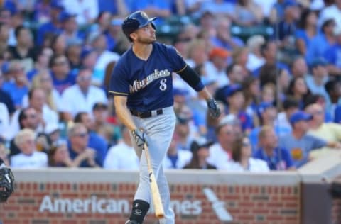 Sep 17, 2016; Chicago, IL, USA; Milwaukee Brewers left fielder Ryan Braun (8) watches his two RBI home run during the sixth inning against the Chicago Cubs at Wrigley Field. MLB. Mandatory Credit: Dennis Wierzbicki-USA TODAY Sports