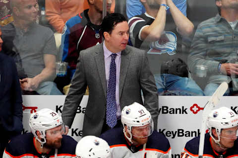 Jun 2, 2022; Denver, Colorado, USA; Edmonton Oilers head coach Jay Woodcroft during the third period against the Colorado Avalanche of game two of the Western Conference Final of the 2022 Stanley Cup Playoffs at Ball Arena. Mandatory Credit: Ron Chenoy-USA TODAY Sports