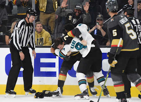 LAS VEGAS, NEVADA – SEPTEMBER 29: Evander Kane #9 of the San Jose Sharks fights Valentin Zykov #7 of the Vegas Golden Knights during the second period at T-Mobile Arena on September 29, 2019 in Las Vegas, Nevada. (Photo by David Becker/NHLI via Getty Images)