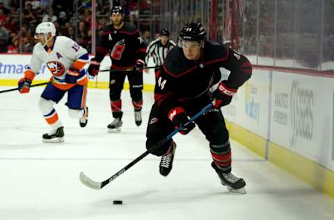 RALEIGH, NC – OCTOBER 11: Julien Gauthier #44 of the Carolina Hurricanes carries the puck during his NHL debut game against the New York Islanders on October 11, 2019 at PNC Arena in Raleigh North Carolina. (Photo by Gregg Forwerck/NHLI via Getty Images)