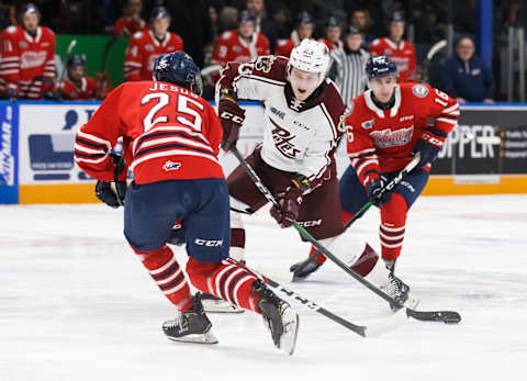 Mason Mctavish #23 of the Peterborough Petes. (Photo by Chris Tanouye/Getty Images)