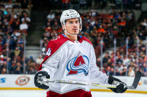 ANAHEIM, CA – APRIL 1: Nail Yakupov #64 of the Colorado Avalanche waits for play to begin during the third period of the game against the Anaheim Ducks at Honda Center on April 1, 2018 in Anaheim, California. (Photo by Debora Robinson/NHLI via Getty Images) *** Local Caption ***