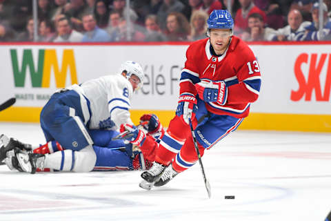 MONTREAL, QUEBEC – OCTOBER 26: Max Domi #13 of the Montreal Canadiens in control of the puck skating up the ice against the Toronto Maple Leafs. (Photo by Stephane Dube /Getty Images)