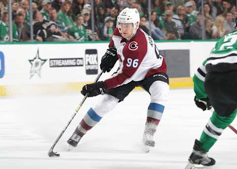 DALLAS, TX – MARCH 7: Mikko Rantanen #96 of the Colorado Avalanche handles the puck against the Dallas Stars at the American Airlines Center on March 7, 2019 in Dallas, Texas. (Photo by Glenn James/NHLI via Getty Images)