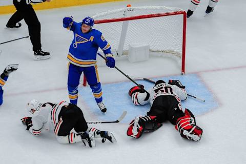 ST. LOUIS, MO – OCTOBER 27: Vladimir Tarasenko #91 of the St. Louis Blues reacts after scoring a goal against Corey Crawford #50 of the Chicago Blackhawks at Enterprise Center on October 27, 2018 in St. Louis, Missouri. (Photo by Joe Puetz/NHLI via Getty Images)