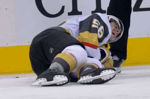 TORONTO, ON – NOVEMBER 06: Vegas Golden Knights Center Erik Haula (56) screams in pain after being injured during the NHL regular season game between the Vegas Golden Knights and the Toronto Maple Leafs on November 6, 2018, at Scotiabank Arena in Toronto, ON, Canada. (Photo by Julian Avram/Icon Sportswire via Getty Images)