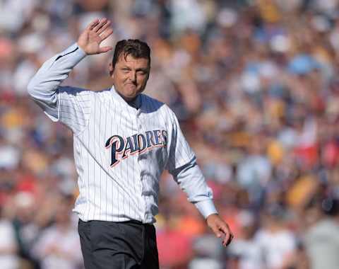 Jul 12, 2016; San Diego, CA, USA; San Diego Padres former closer Trevor Hoffman throws out the ceremonial first pitch before the 2016 MLB All Star Game at Petco Park. Mandatory Credit: Gary A. Vasquez-USA TODAY Sports