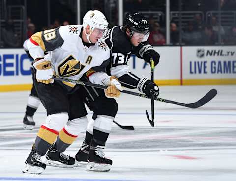 LOS ANGELES, CA – OCTOBER 13: Reilly Smith #19 of the Vegas Golden Knights and Tyler Toffoli #73 of the Los Angeles Kings battle for position during the third period of the game at STAPLES Center on October 13, 2019 in Los Angeles, California. (Photo by Juan Ocampo/NHLI via Getty Images)