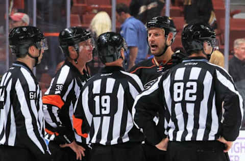 ANAHEIM, CA – NOVEMBER 22: Ryan Getzlaf #15 of the Anaheim Ducks talks with the referees following a loss at Honda Center in Anaheim, California. (Photo by Debora Robinson/NHLI via Getty Images)