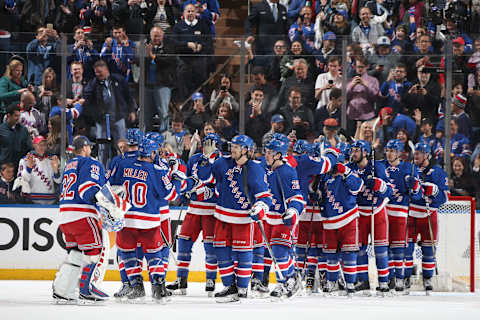 NEW YORK, NY – APRIL 22: The New York Rangers celebrate after defeating the Montreal Canadiens 3-1 in Game Six of the Eastern Conference First Round during the 2017 NHL Stanley Cup Playoffs at Madison Square Garden on April 22, 2017 in New York City. (Photo by Jared Silber/NHLI via Getty Images)