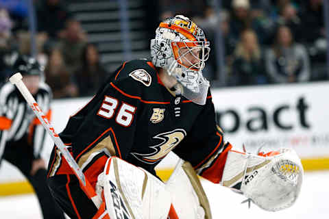 ANAHEIM, CALIFORNIA – MARCH 12: John Gibson #36 of the Anaheim Ducks prepares for a puck drop during a game against the Nashville Predators at Honda Center on March 12, 2019 in Anaheim, California. (Photo by Katharine Lotze/Getty Images)