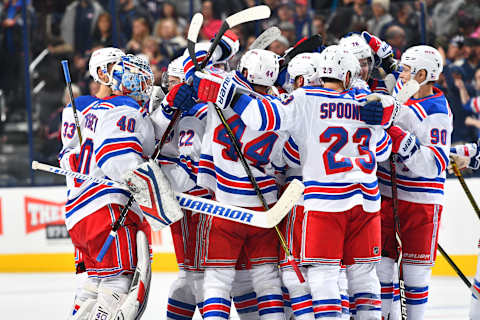 COLUMBUS, OH – NOVEMBER 10: The New York Rangers celebrate with goaltender Alexandar Georgiev #40 of the New York Rangers after defeating the Columbus Blue Jackets 5-4 in a shootout on November 10, 2018 at Nationwide Arena in Columbus, Ohio. (Photo by Jamie Sabau/NHLI via Getty Images)