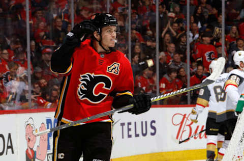 CALGARY, AB – MARCH 10: Matthew Tkachuk #19 of the Calgary Flames skates against the Vegas Golden Knights during an NHL game on March 10, 2019 at the Scotiabank Saddledome in Calgary, Alberta, Canada. (Photo by Gerry Thomas/NHLI via Getty Images)