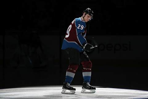 DENVER, CO – JANUARY 2: Nathan MacKinnon #29 of the Colorado Avalanche skates during player introductions prior to the game against the San Jose Sharks at the Pepsi Center on January 2, 2019 in Denver, Colorado. (Photo by Michael Martin/NHLI via Getty Images)