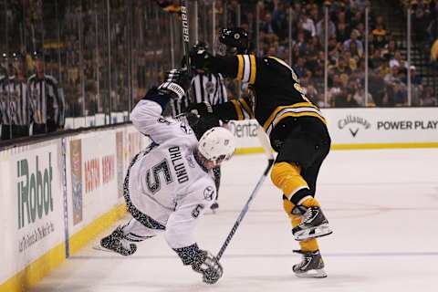 BOSTON, MA – MAY 17: Mark Recchi #28 of the Boston Bruins checks Mattias Ohlund #5 of the Tampa Bay Lightning in the third period of Game Two of the Eastern Conference Finals during the 2011 NHL Stanley Cup Playoffs at TD Garden on May 17, 2011 in Boston, Massachusetts. (Photo by Bruce Bennett/Getty Images)