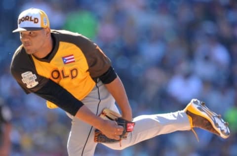 Jul 10, 2016; San Diego, CA, USA; World pitcher Joe Jimenez throws a pitch in the second inning during the All Star Game futures baseball game at PetCo Park. Mandatory Credit: Gary A. Vasquez-USA TODAY Sports