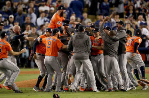 LOS ANGELES, CA – NOVEMBER 01: The Houston Astros celebrate defeating the Los Angeles Dodgers 5-1 in game seven to win the 2017 World Series at Dodger Stadium on November 1, 2017 in Los Angeles, California. (Photo by Christian Petersen/Getty Images)