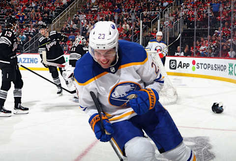 NEWARK, NEW JERSEY – APRIL 11: Mattias Samuelsson #23 of the Buffalo Sabres celebrates his third period goal against the New Jersey Devils at the Prudential Center on April 11, 2023 in Newark, New Jersey. (Photo by Bruce Bennett/Getty Images)