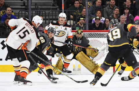 LAS VEGAS, NV – NOVEMBER 14: Marc-Andre Fleury #29 of the Vegas Golden Knights tends goal during the third period against the Anaheim Ducks at T-Mobile Arena on November 14, 2018, in Las Vegas, Nevada. (Photo by Jeff Bottari/NHLI via Getty Images)