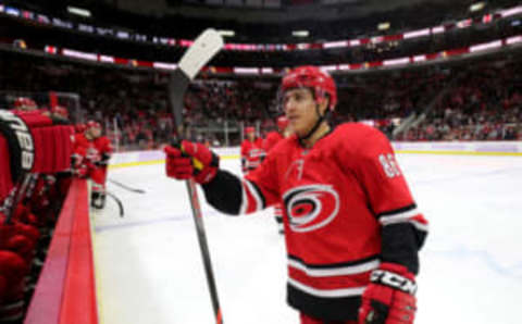 RALEIGH, NC – NOVEMBER 21: Teuvo Teravainen #86 of the Carolina Hurricanes scores a goal and celebrates with teammates during an NHL game against the Philadelphia Flyers on November 21, 2019 at PNC Arena in Raleigh, North Carolina. (Photo by Gregg Forwerck/NHLI via Getty Images)