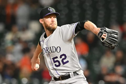 Jun 7, 2022; San Francisco, California, USA; Colorado Rockies relief pitcher Daniel Bard (52) throws a pitch against the San Francisco Giants during the ninth inning at Oracle Park. Mandatory Credit: Robert Edwards-USA TODAY Sports