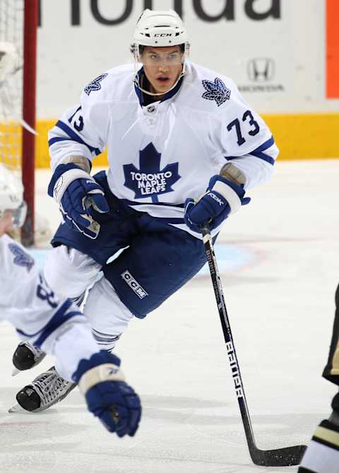 LONDON,ON – SEPTEMBER 12: Josh Nicholls #73 of the Toronto Maple Leafs skates in a game against the Pittsburgh Penguins during the NHL Rookie Tournament on September 12,2010 at the John Labatt Centre in London, Ontario. The Penguins defeated the Leafs 2-1. (Photo by Claus Andersen/Getty Images)