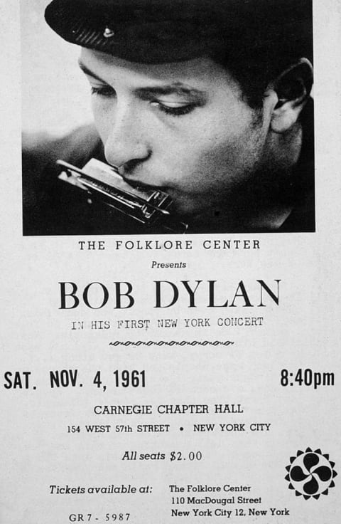 An advertisement for American folk and rock singer Bob Dylan's first New York concert, presented by the Folklore Center at Carnegie Chapter Hall, New York City, November 4, 1961.