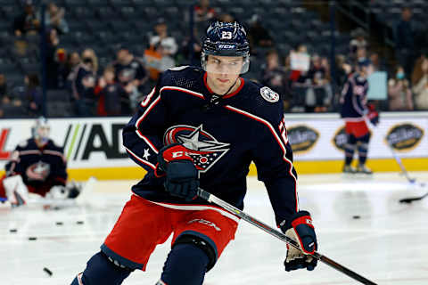 COLUMBUS, OH – MARCH 07: Brendan Gaunce #23 of the Columbus Blue Jackets warms up prior to the start of the game against the Toronto Maple Leafs at Nationwide Arena on March 7, 2022 in Columbus, Ohio. (Photo by Kirk Irwin/Getty Images)