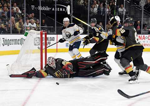 LAS VEGAS, NEVADA – FEBRUARY 28: Robin Lehner #90 of the Vegas Golden Knights makes a diving save against the Buffalo Sabres in the third period of their game at T-Mobile Arena on February 28, 2020 in Las Vegas, Nevada. The Golden Knights defeated the Sabres 4-2. (Photo by Ethan Miller/Getty Images)