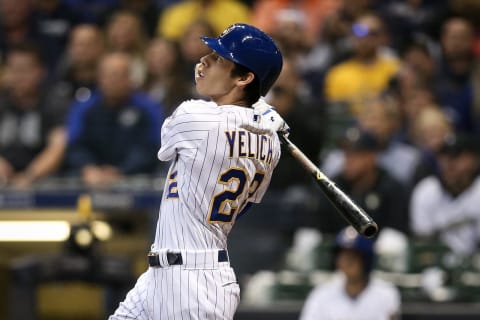 MILWAUKEE, WI – SEPTEMBER 29: Christian Yelich #22 of the Milwaukee Brewers hits a home run in the seventh inning against the Detroit Tigers at Miller Park on September 29, 2018 in Milwaukee, Wisconsin. (Photo by Dylan Buell/Getty Images)