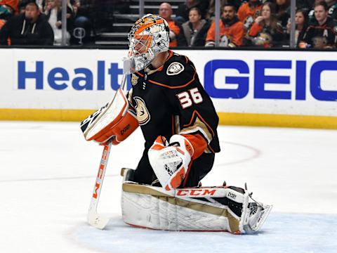 ANAHEIM, CA – APRIL 05: Anaheim Ducks goalie John Gibson (36) in goal during the second period of a game against the Los Angeles Kings played on April 5, 2019, at the Honda Center in Anaheim, CA. (Photo by John Cordes/Icon Sportswire via Getty Images)